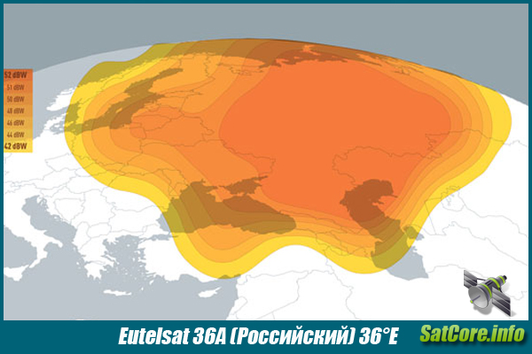 Карта покрытия спутника Eutelsat 36A (Российский луч)