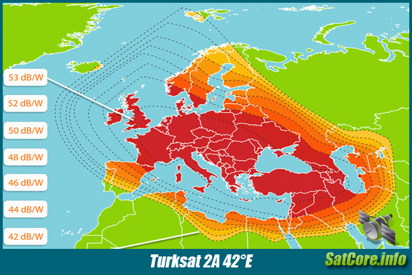 Карта покрытия спутника Turksat 2A